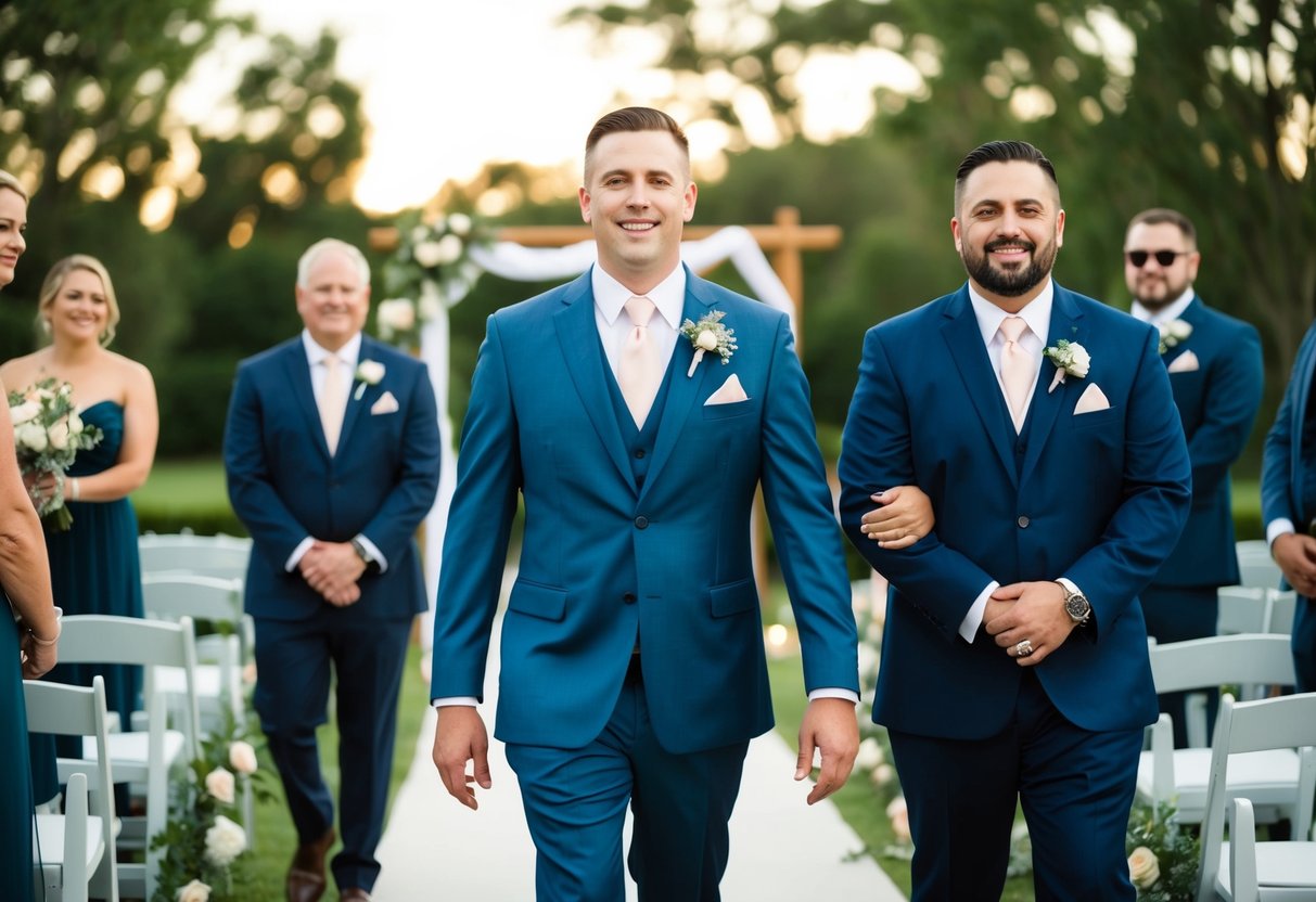 The groom walks down the aisle with his best man by his side