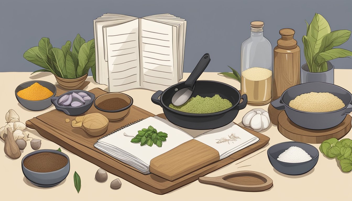 A kitchen counter with malanga and taro alongside various cooking utensils and ingredients, with a recipe book open to a page on substitution options