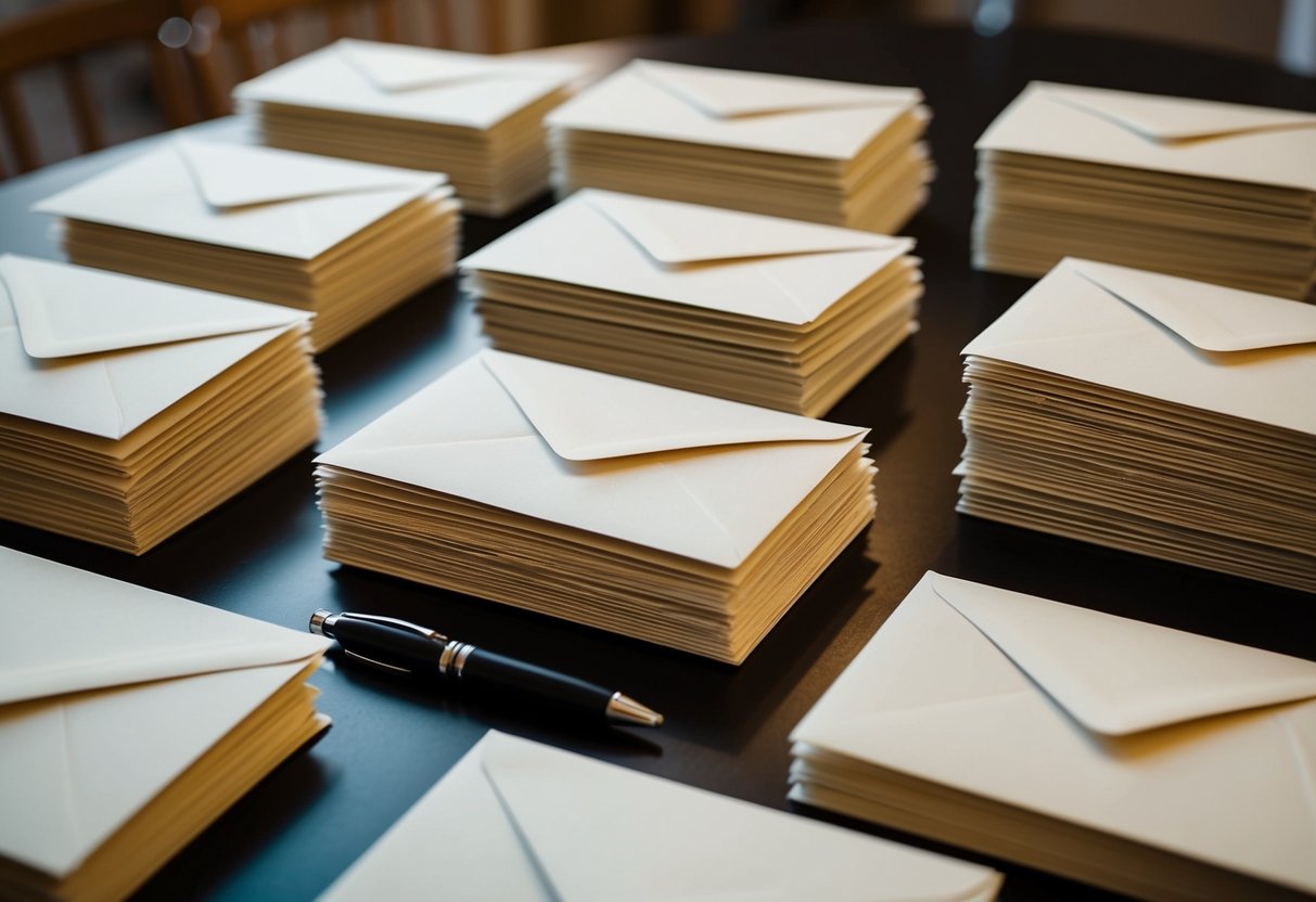 A table set with 100 blank invitations, a stack of envelopes, and a pen ready for addressing
