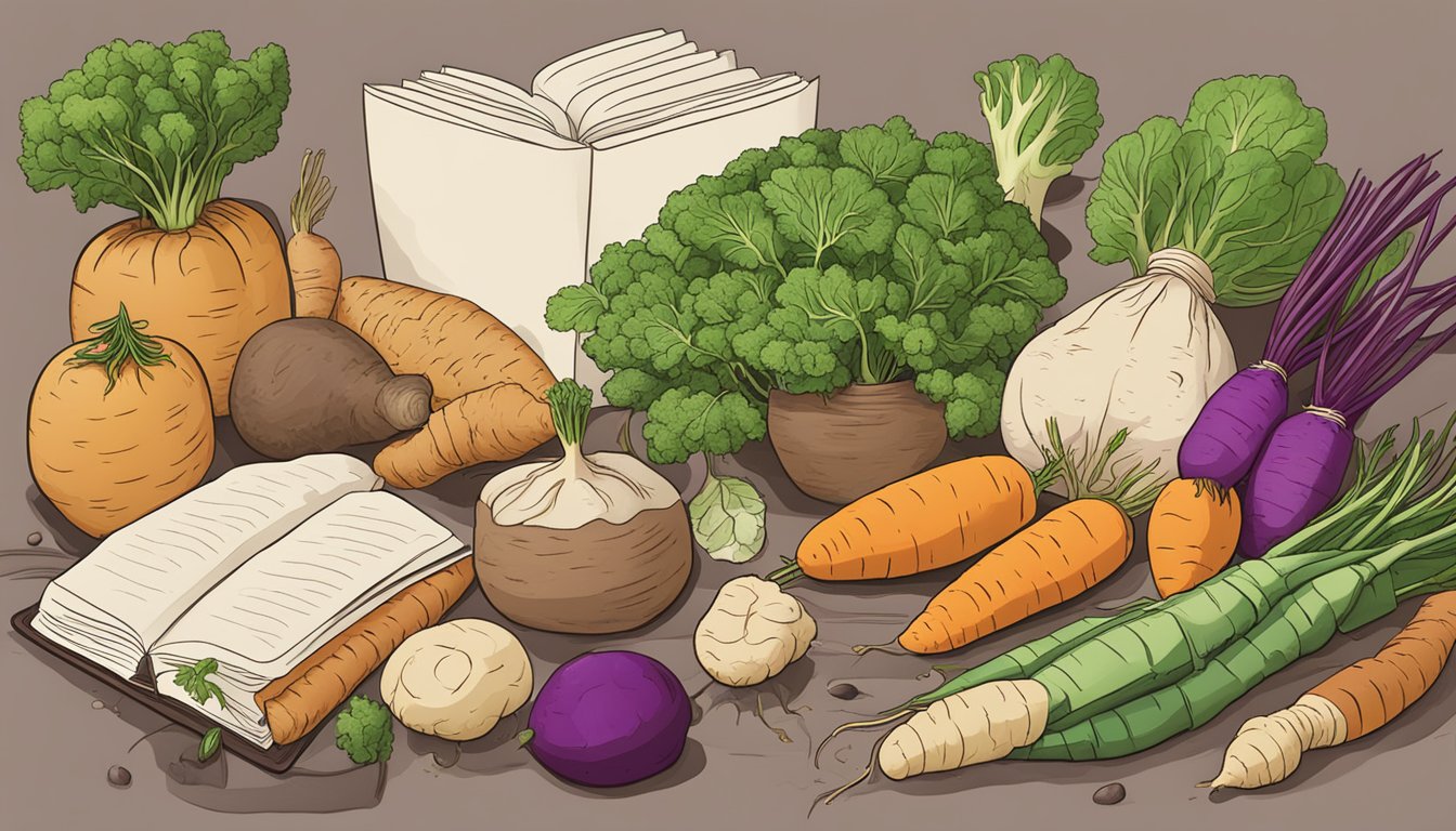 A colorful array of root vegetables, including taro, surrounded by cooking utensils and recipe books