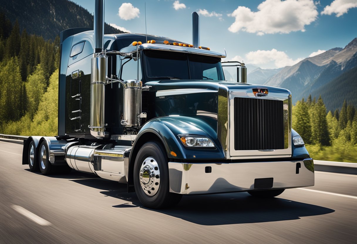 A semi-truck with a large turbocharger visible under the hood, parked in front of a mountainous backdrop on a sunny day