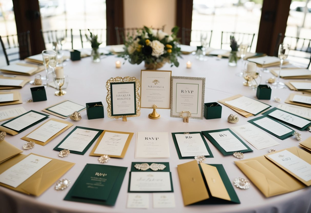 A table with various wedding invitation samples and stationery, including RSVP cards, envelopes, and decorative details, laid out for 100 guests