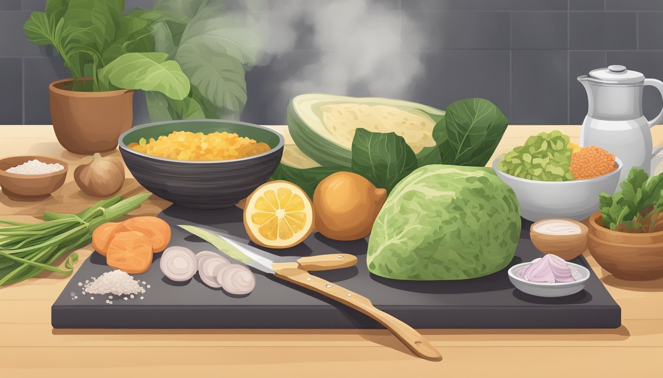 A kitchen counter with a cutting board, knife, malanga, and taro, surrounded by various ingredients and cooking utensils