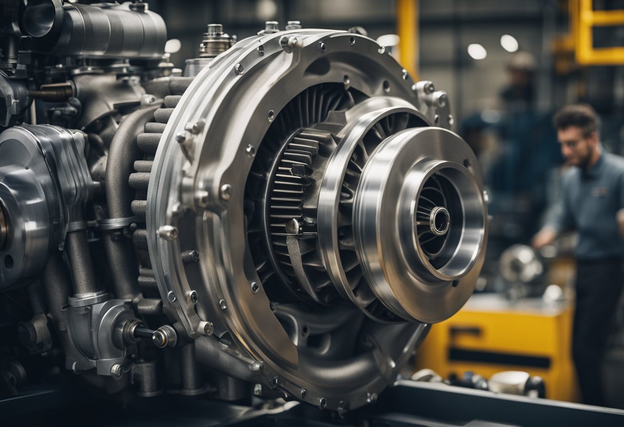 A semi-truck engine with a visible turbocharger in a mechanic's workshop. The mechanic is inspecting the turbocharger for any signs of wear or damage