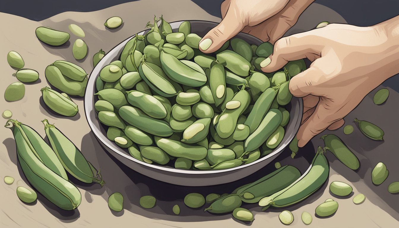 A bowl of fava beans and marrow beans side by side with a hand reaching for the marrow beans