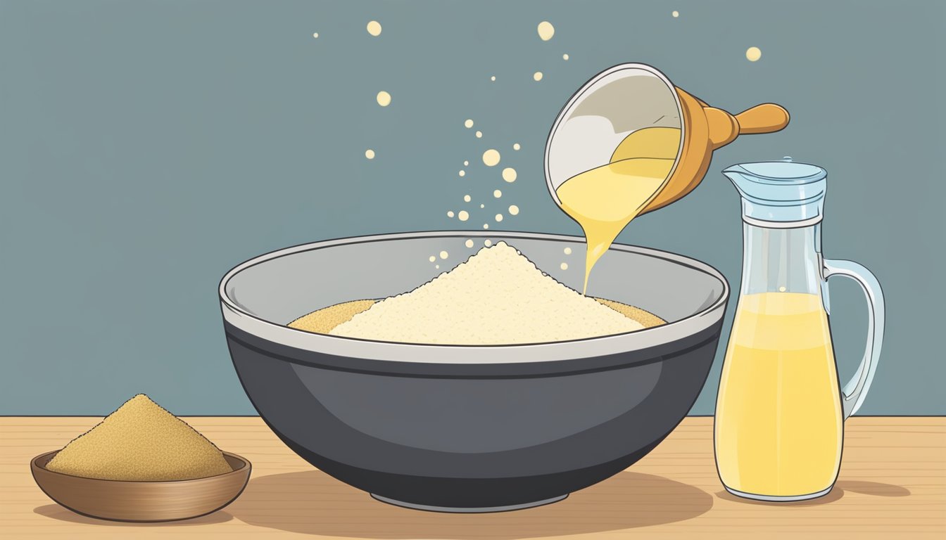 A bowl of masa harina being poured into a mixing bowl with a measuring cup of water next to it, ready to be combined to create a cornmeal substitute