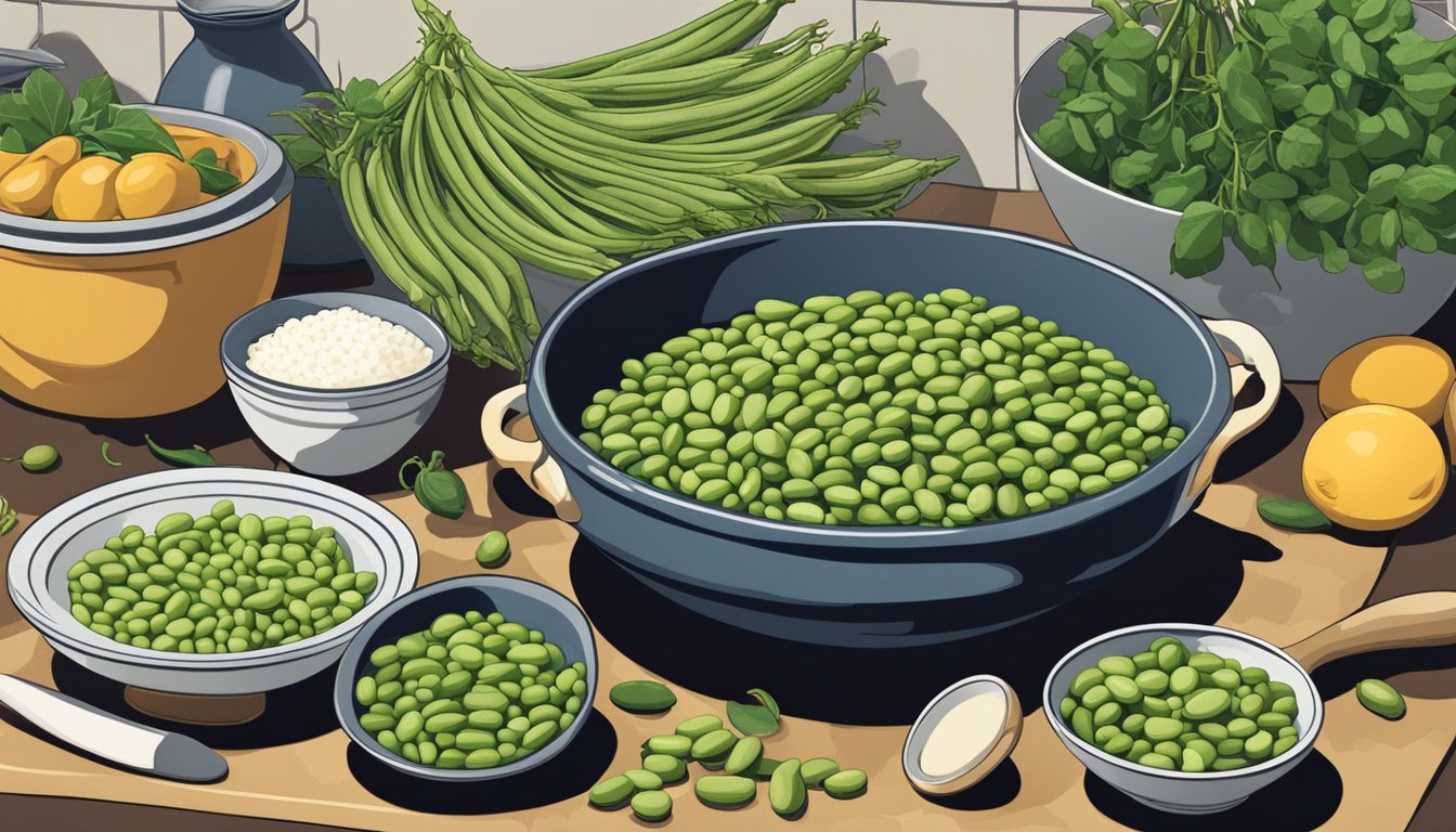 A kitchen counter with a bowl of fava beans next to a bowl of marrow beans, surrounded by various cooking utensils and ingredients