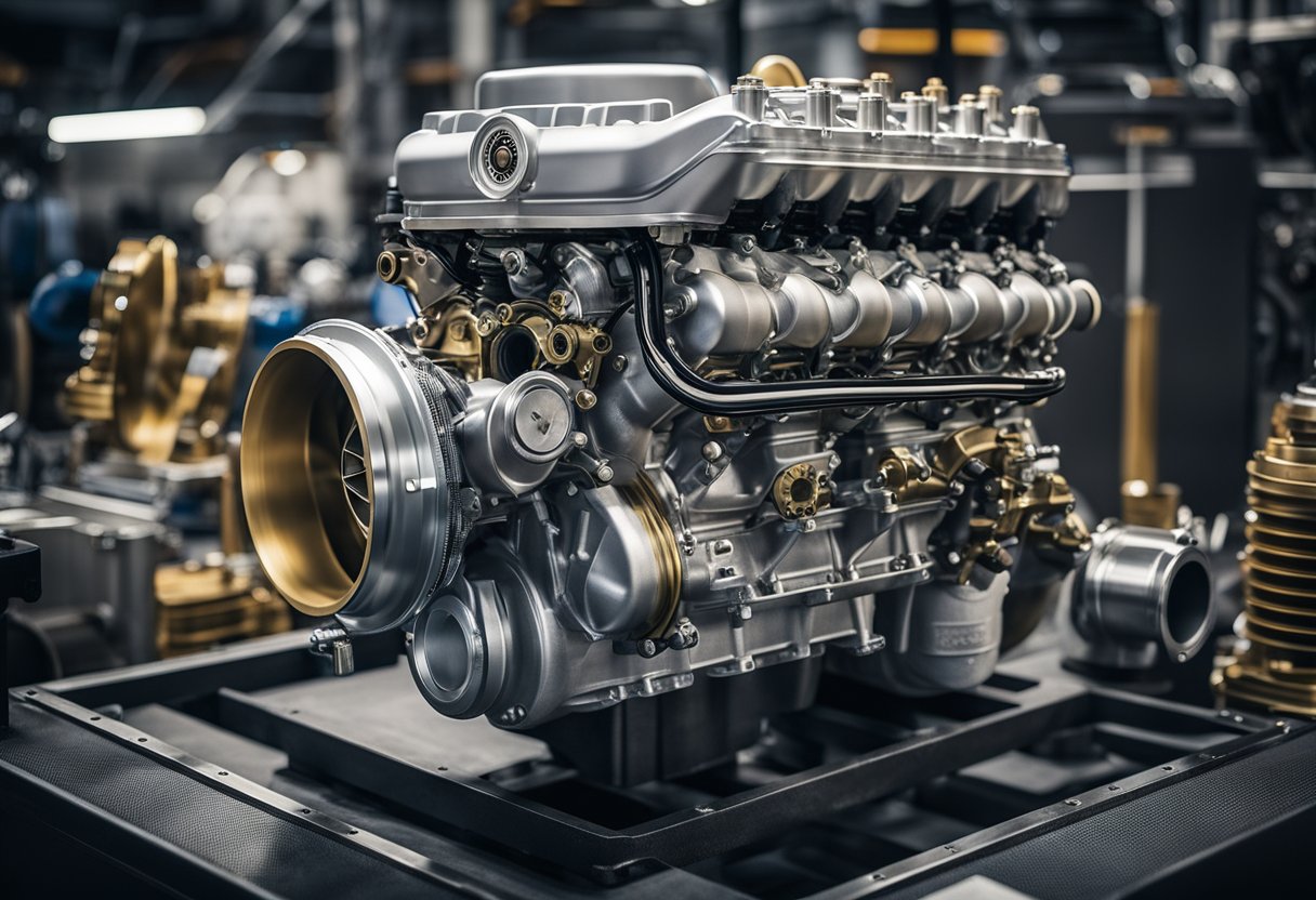 A semi-truck engine with visible turbocharger components installed, surrounded by various brand logos and types of turbos