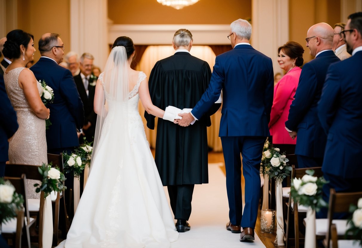 A figure guides the bride down the aisle, offering support and reassurance