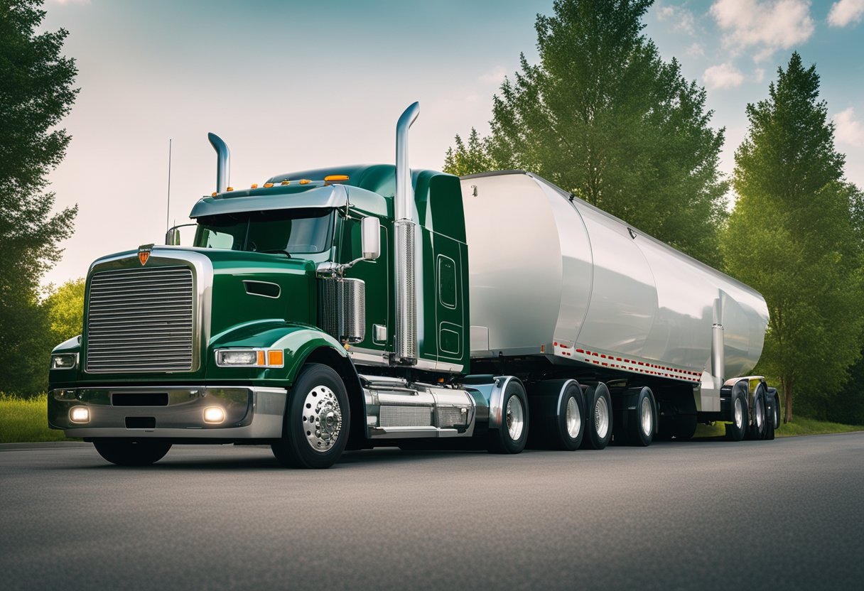 A semi-truck with a large turbocharger parked in a clean, green environment with trees and clear skies