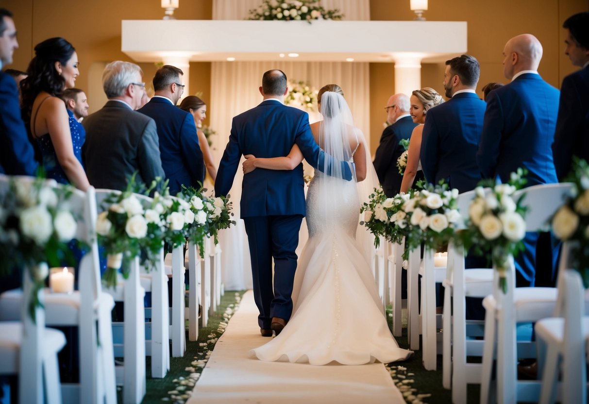 A figure stands at the end of the aisle, waiting to escort the bride forward, symbolizing support and love in lieu of a traditional father figure