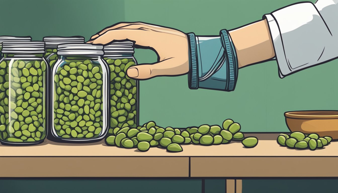 A hand reaching for a jar of marrow beans on a pantry shelf, with a can of fava beans nearby