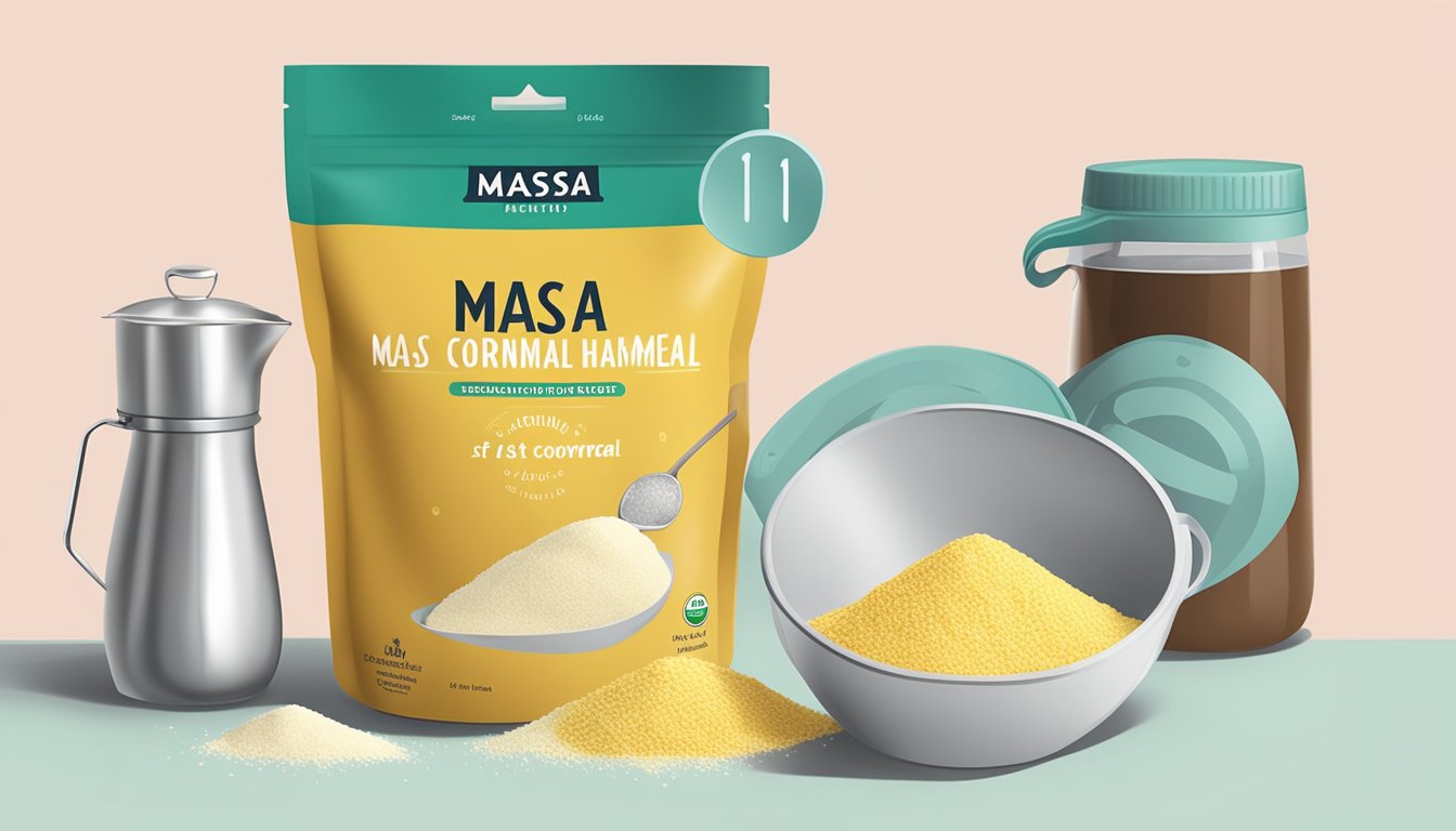 A bag of masa harina and cornmeal sit side by side on a kitchen counter, with measuring cups and spoons nearby