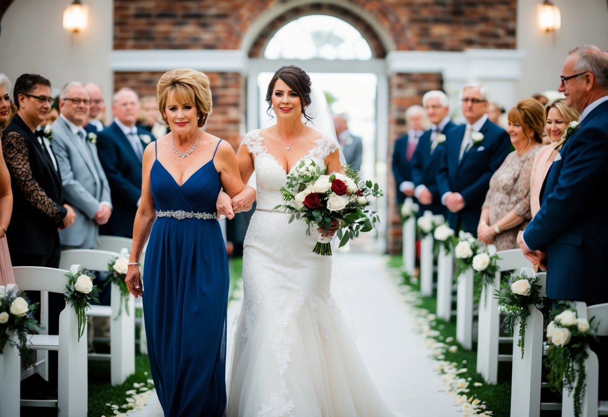 A bride walks down the aisle with her mother or another close family member, holding onto their arm for support and guidance