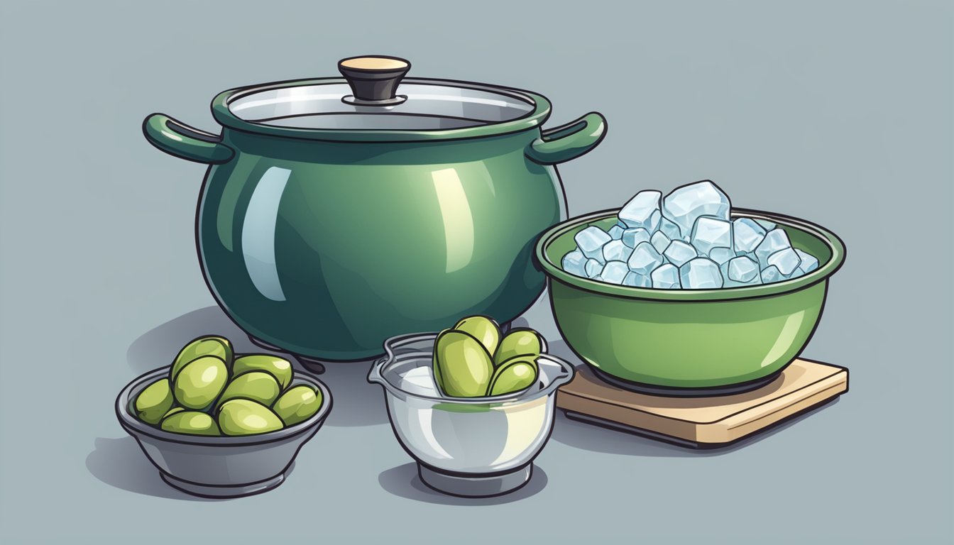 A pot of boiling water with marrow beans and a bowl of ice water next to it