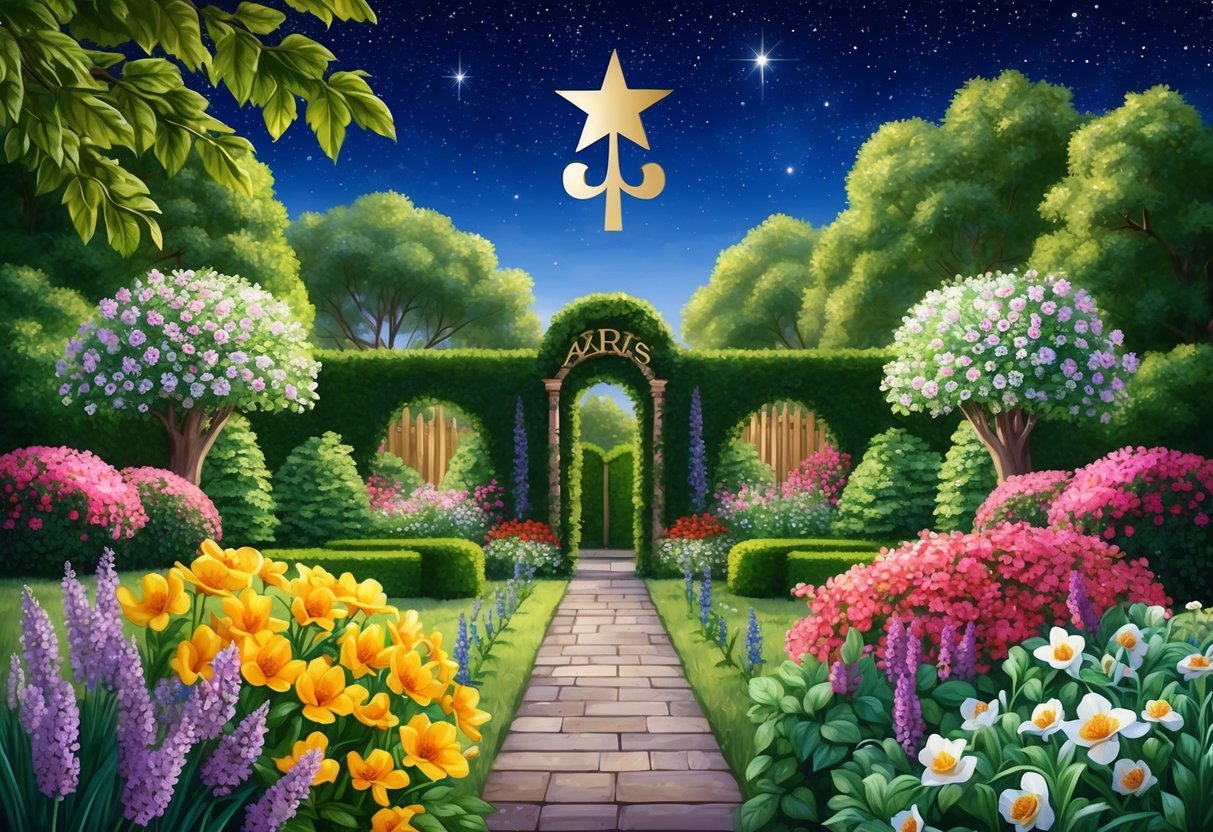 A lush garden with blooming flowers and aries symbol, under a starry sky