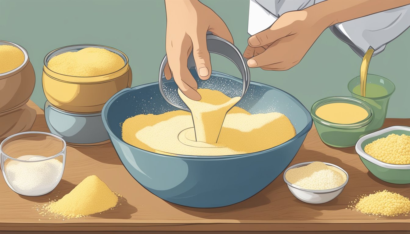 A hand pouring masa harina into a mixing bowl of dough, with a measuring cup and cornmeal nearby