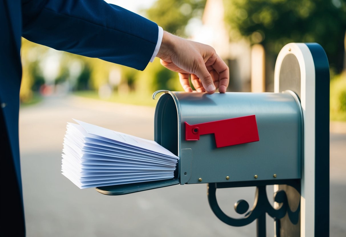 A hand reaching out to drop a stack of wedding invites into a mailbox