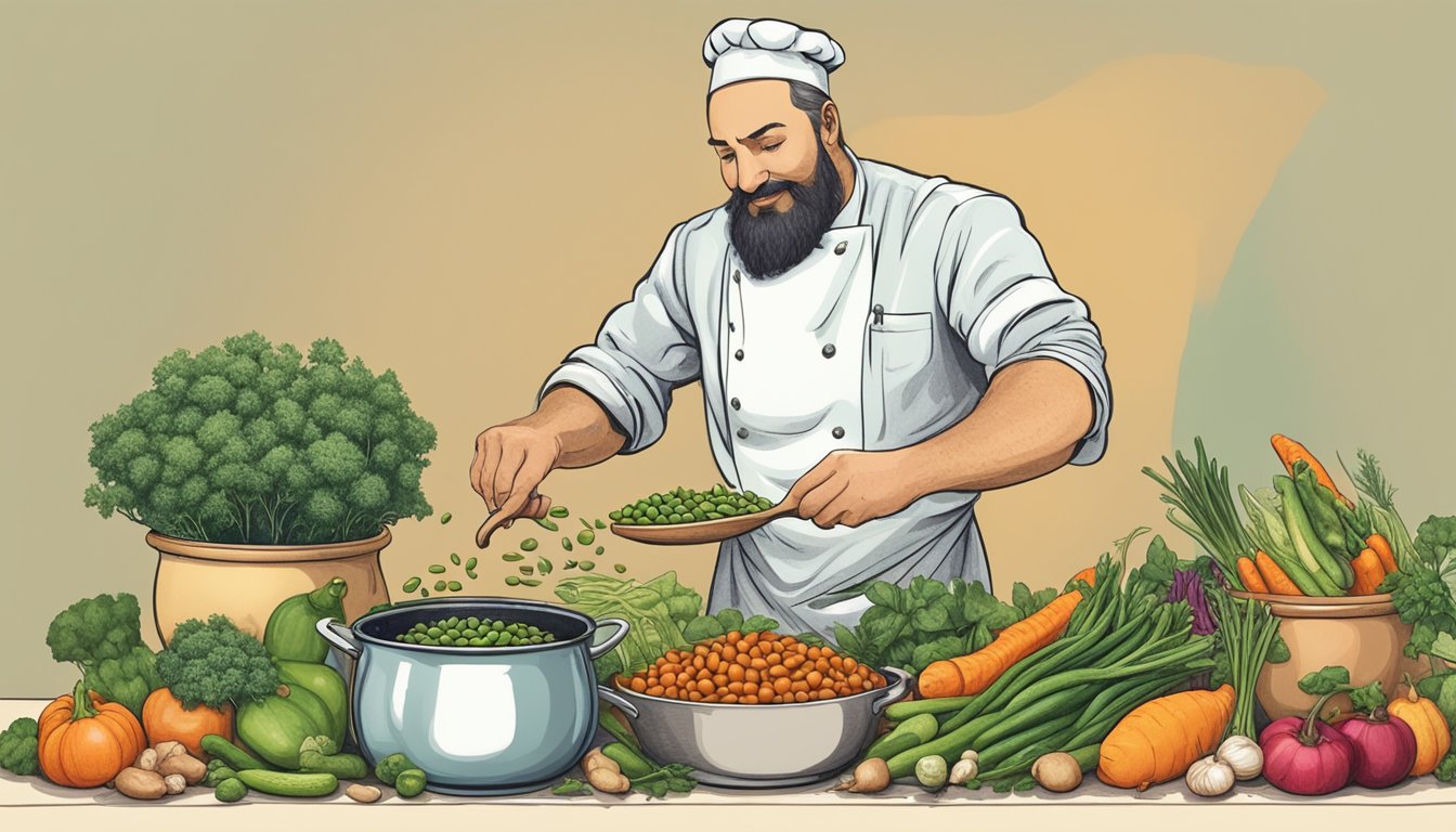 A chef swapping out fava beans for marrow beans in a bubbling pot of stew, surrounded by colorful vegetables and aromatic herbs