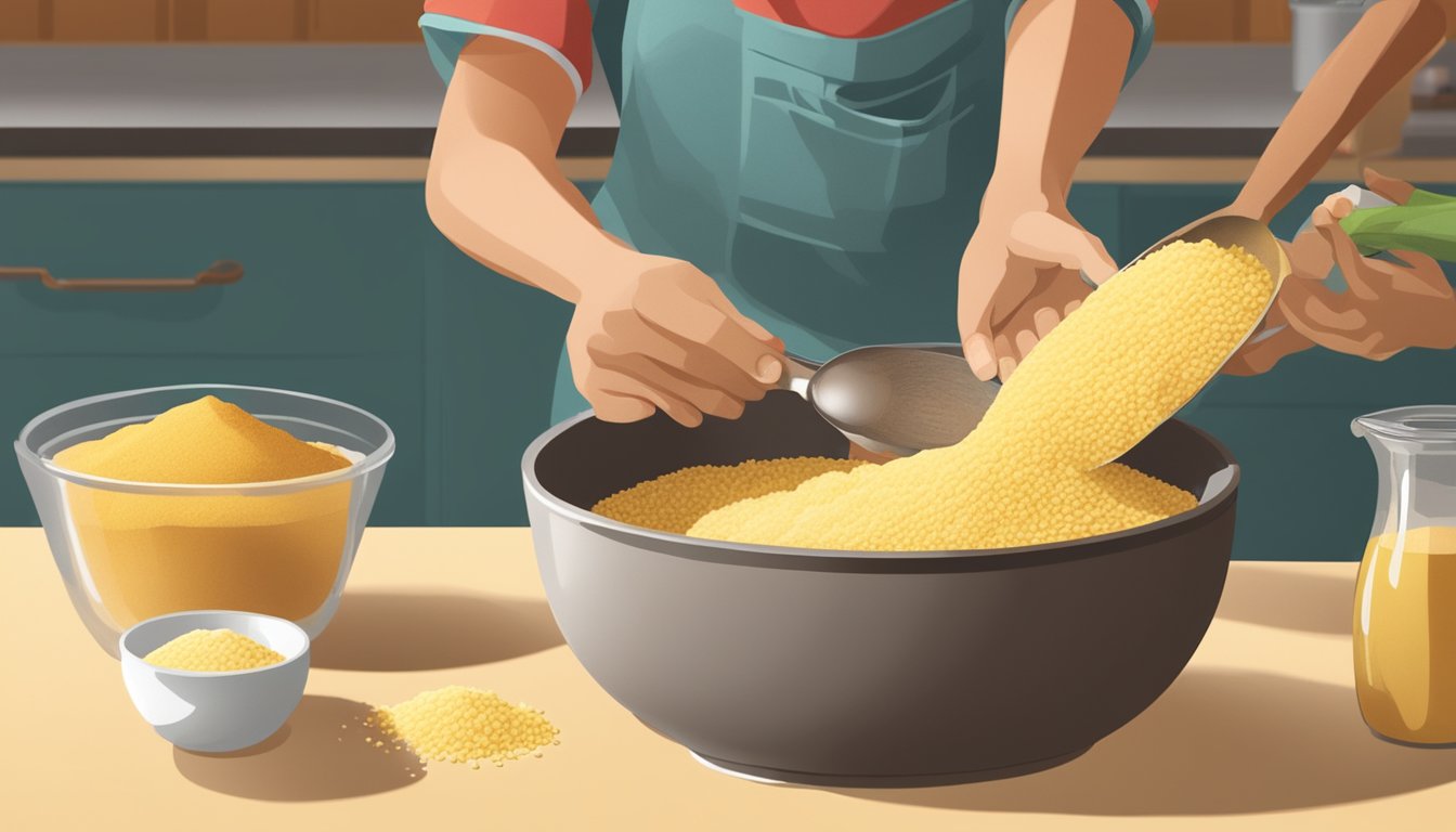 A person pours masa harina into a mixing bowl, next to a bag of cornmeal. Various Mexican ingredients and utensils are scattered on the kitchen counter