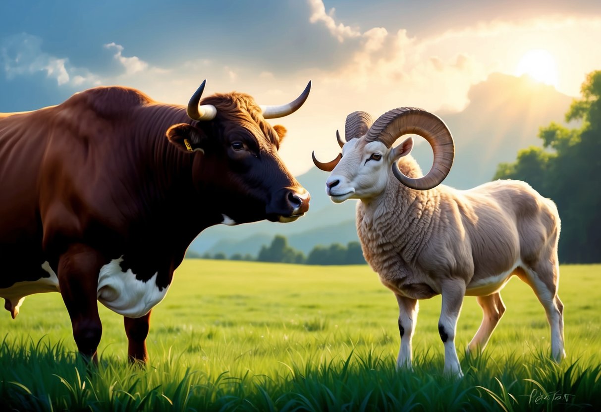 A bull and a ram stand in a lush field, gazing at each other with curiosity and determination. The bull exudes stability, while the ram radiates energy