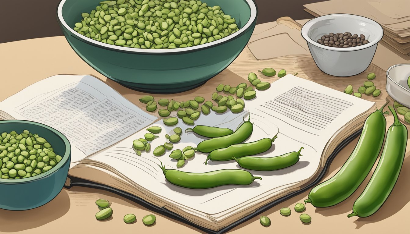 A kitchen counter with a bowl of marrow beans next to a recipe book open to a page about fava beans. Ingredients and utensils are scattered around