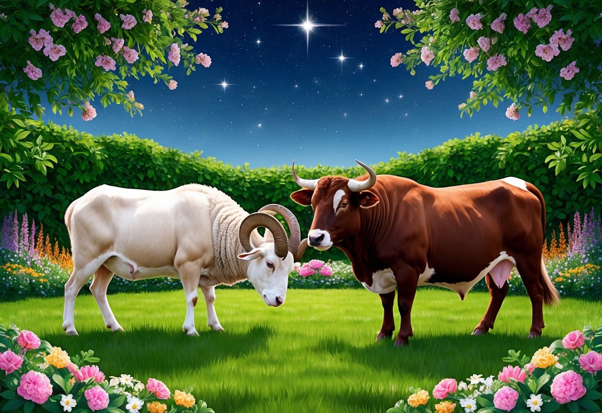 A lush garden with blooming flowers and a ram and bull peacefully grazing together under a clear, starry sky