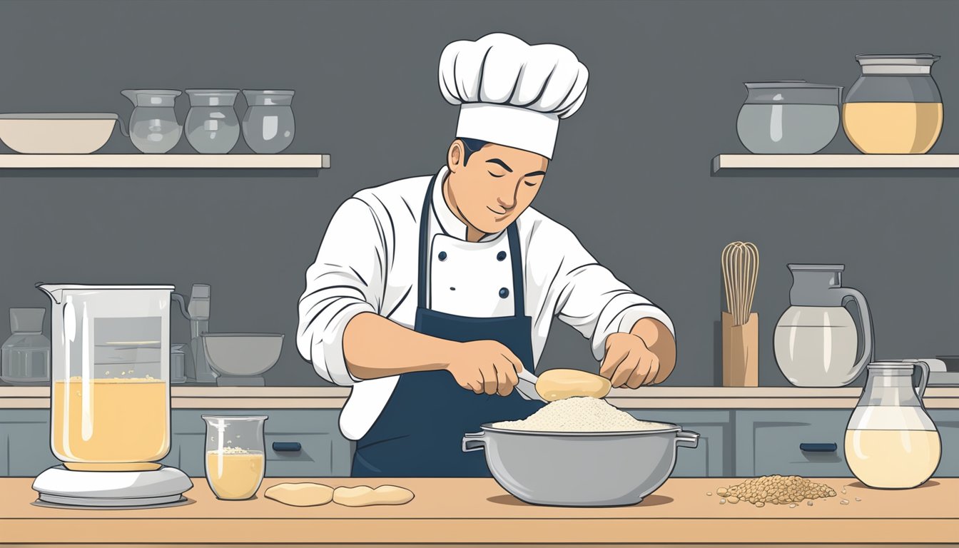 A chef pouring masa harina into a mixing bowl with a measuring cup of water, stirring to create a dough-like consistency