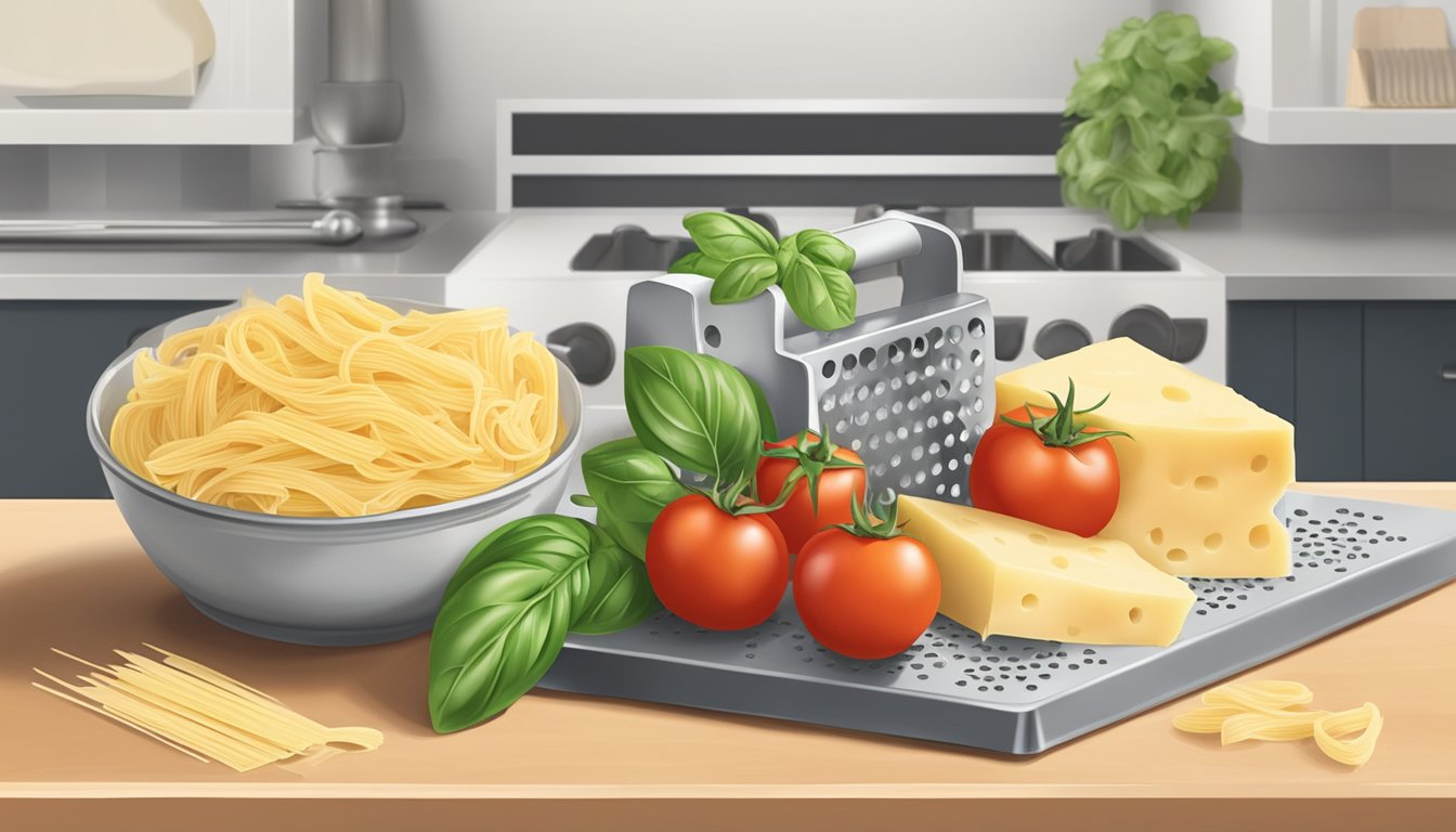 A kitchen counter with a block of manchego cheese and a grater next to a bowl of pasta, tomatoes, and basil