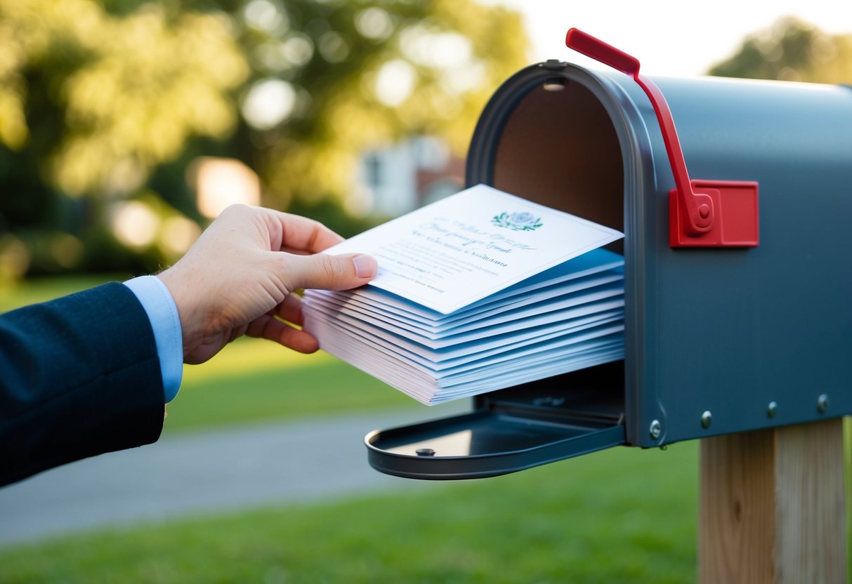 A hand placing a stack of wedding invitations into a mailbox without using stamps
