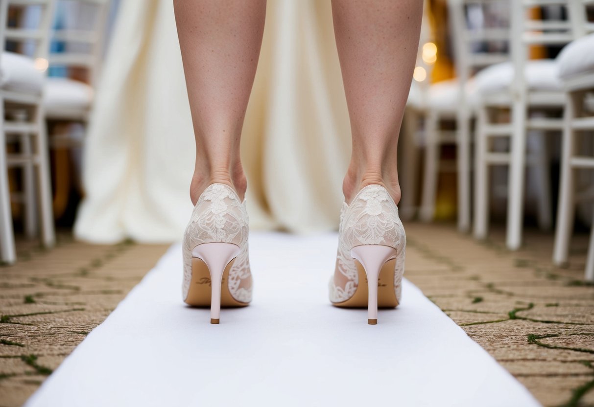 A pair of elegant shoes with delicate lace detail walks on the white runner at a wedding