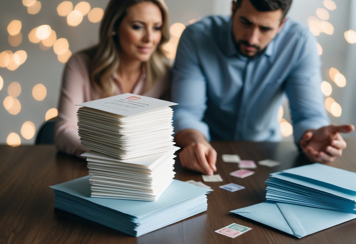 A stack of wedding invitations with no stamps, surrounded by a pile of envelopes and a concerned couple discussing postage options