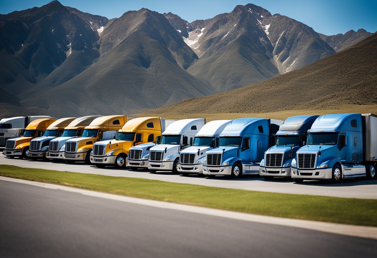 A row of semi trucks parked in a lot, each with a different color and logo, surrounded by mountains and a clear blue sky