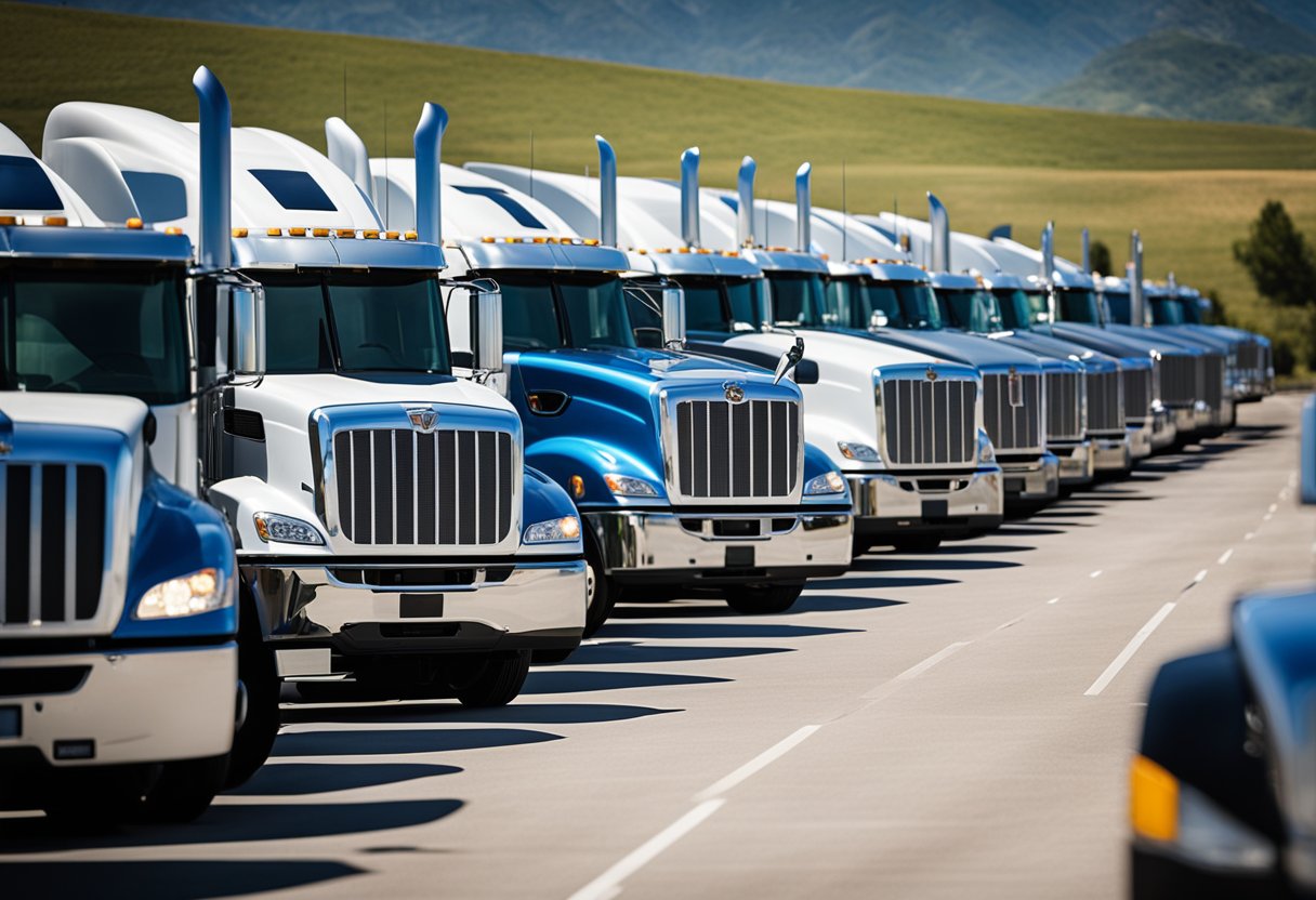 A row of well-maintained, sturdy semi trucks lined up in a spacious lot, with a backdrop of clear blue skies and rolling hills in the distance