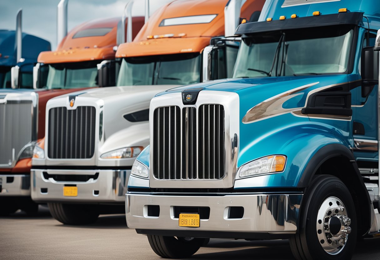 A row of well-maintained semi trucks parked in a spacious lot, showcasing their sturdy frames and powerful engines