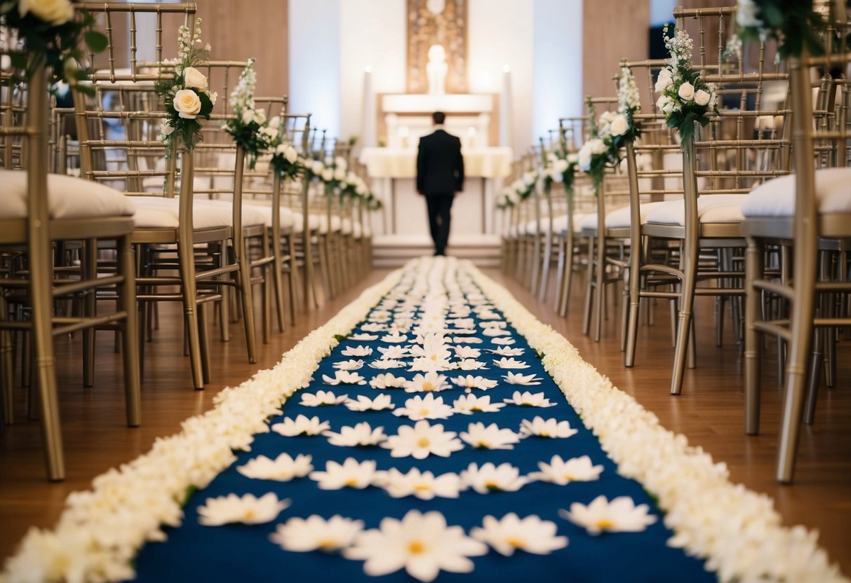 A flower-adorned runner leads to an altar, flanked by rows of elegant chairs. A figure approaches from the distance, the focal point of the scene