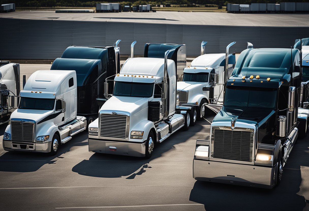 A line-up of various semi trucks parked in a row, showcasing different brands and models. Each truck appears well-maintained and ready for use