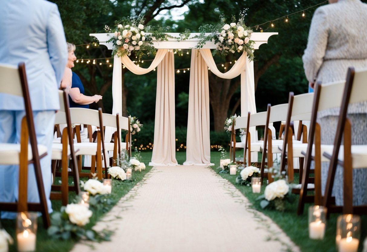 A flower-adorned runner leading to an arbor with billowing drapes and twinkling lights