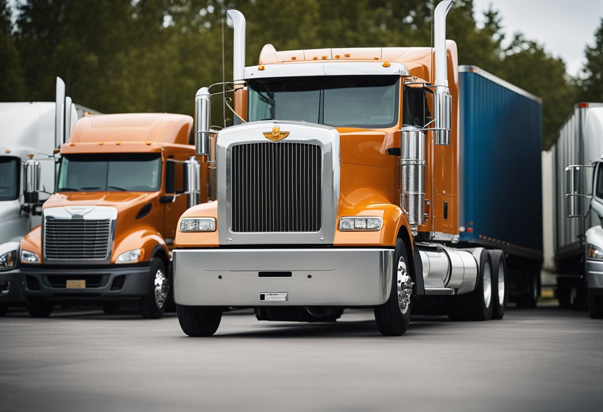 A semi truck parked with visible safety features and a comfortable interior, surrounded by a reliable and well-maintained fleet of used trucks