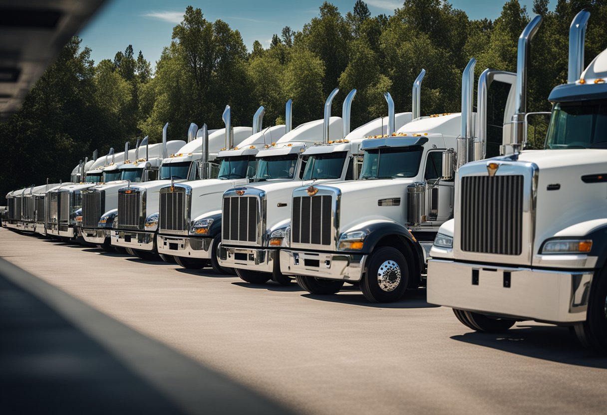 A row of well-maintained used semi trucks lined up in a spacious lot, with a mechanic inspecting the engines while a manager checks the mileage and maintenance records