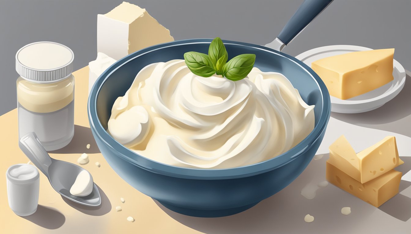 A bowl of mascarpone being spooned into a mixing bowl, next to a block of cream cheese. Ingredients and utensils scattered on a kitchen counter