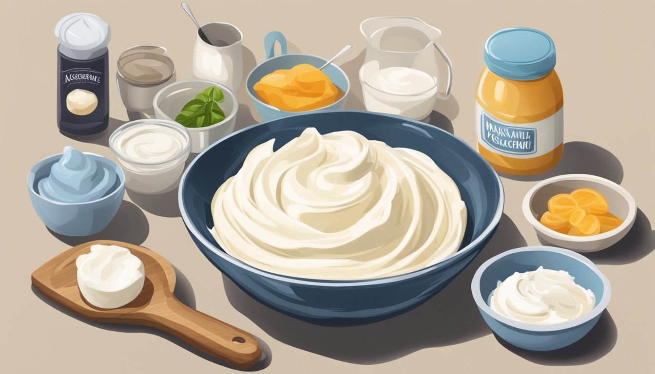 A bowl of mascarpone and cream cheese next to each other, with various ingredients and cooking utensils scattered around on a kitchen counter