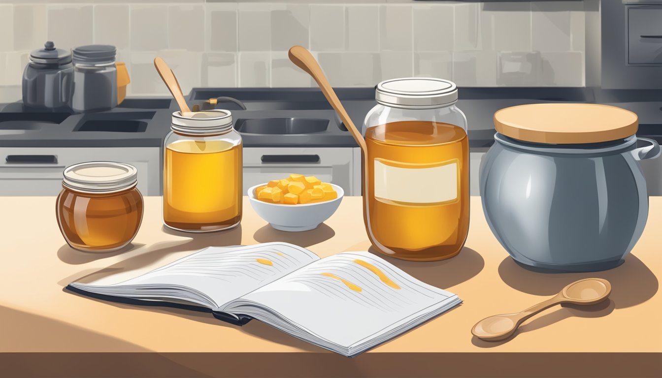 A jar of maple syrup and a jar of honey on a kitchen counter, with measuring spoons and a recipe book open to a page about nutritional substitutes