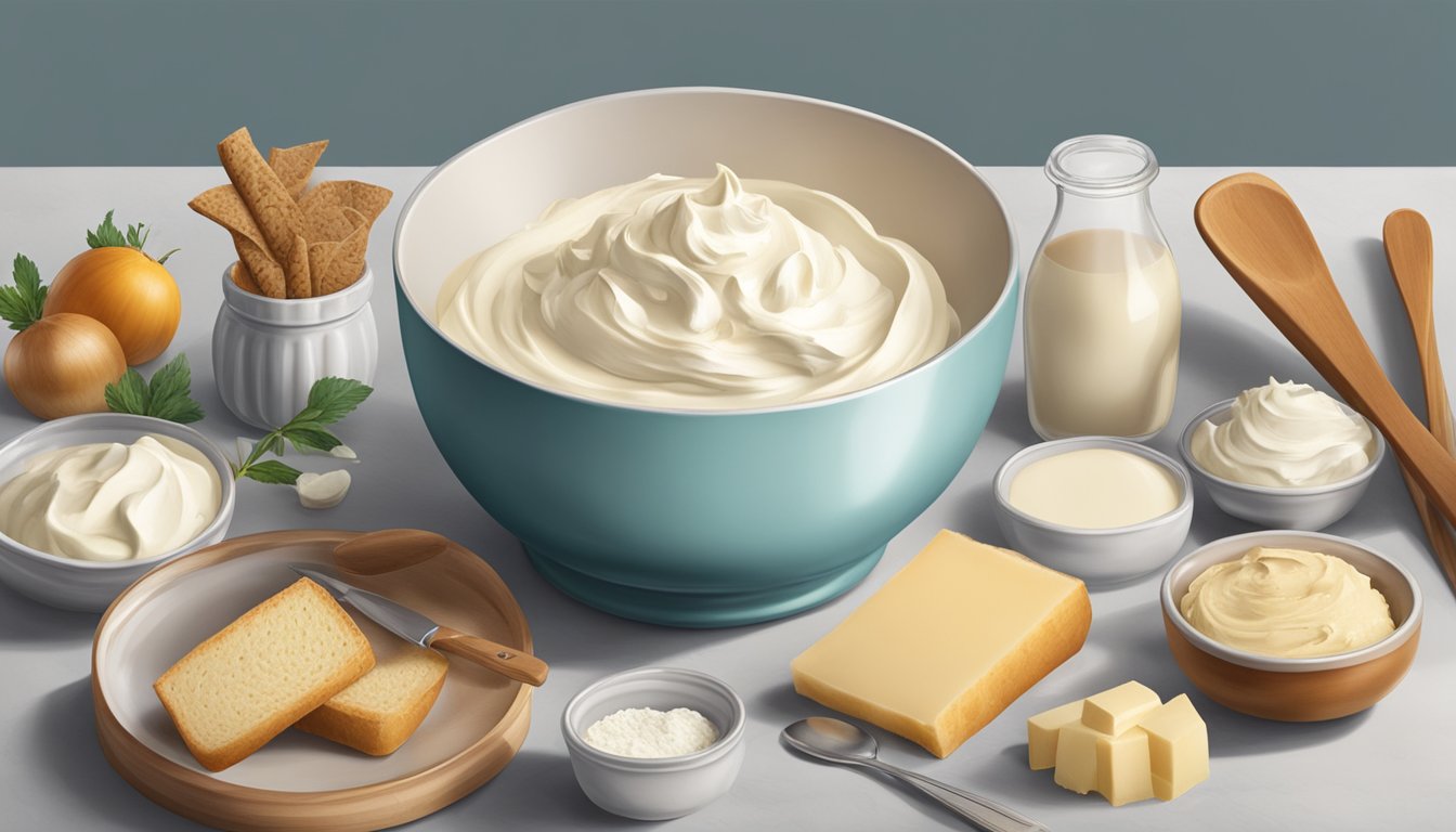 A bowl of mascarpone and cream cheese sitting side by side, surrounded by various baking ingredients and utensils