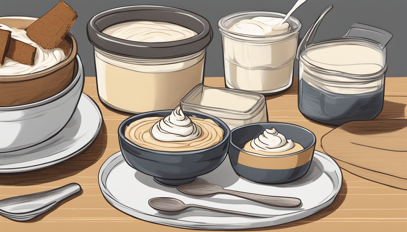 A bowl of tiramisu ingredients, with a container of mascarpone and a carton of heavy cream next to each other. A recipe book open to the tiramisu page is nearby