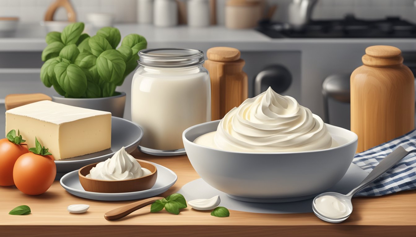 A bowl of mascarpone sits next to a block of cream cheese on a wooden cutting board, surrounded by various kitchen utensils and ingredients