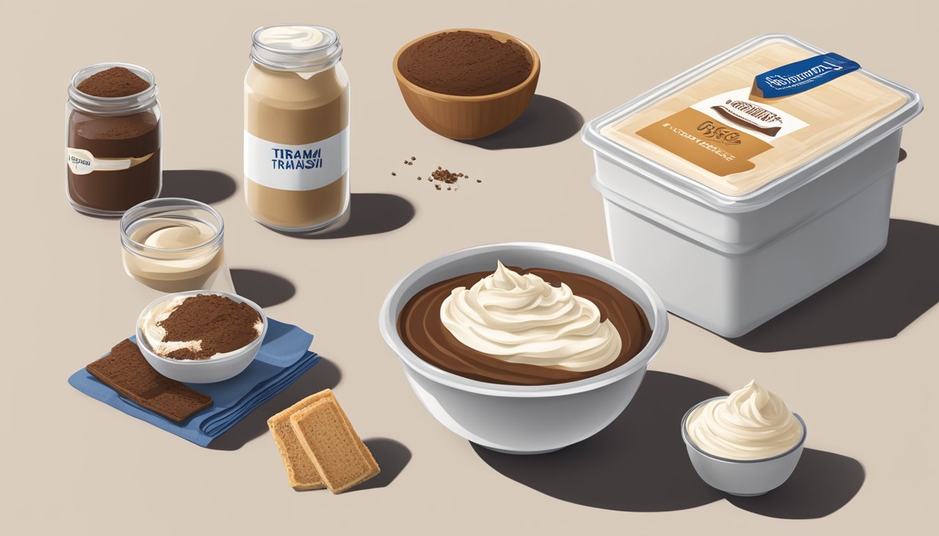 A bowl of tiramisu ingredients with a container of mascarpone next to a carton of heavy cream, showcasing the substitution process