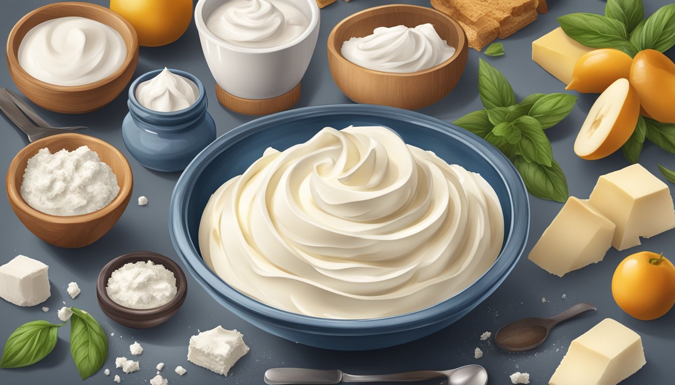 A bowl of mascarpone and cream cheese with ingredients like sugar and vanilla, surrounded by various recipe ingredients and utensils