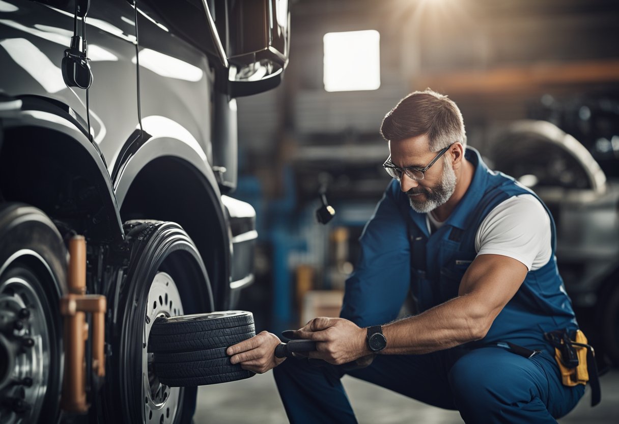 A semi truck with drum brakes being serviced by a mechanic in a garage. The mechanic is inspecting the brake drums and components