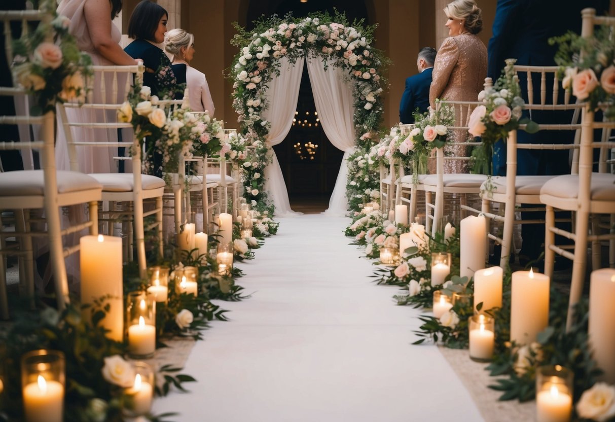 A flower-strewn aisle leads to an arch adorned with billowing fabric, surrounded by soft candlelight and delicate floral arrangements